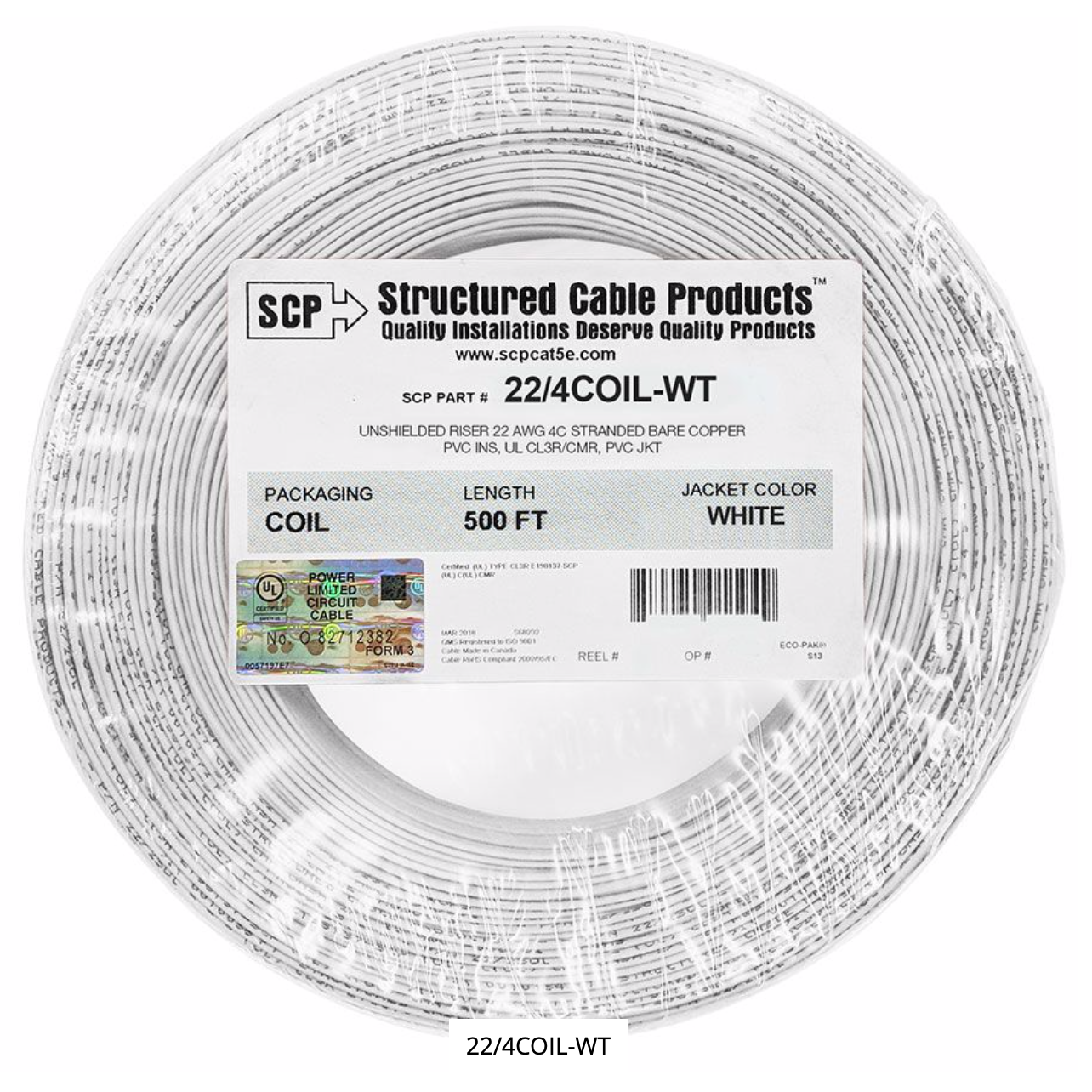22/4COIL-WT   4C/22 AWG STRANDED PVC COIL PACK Security Alarm Cable WHITE - 500 FT